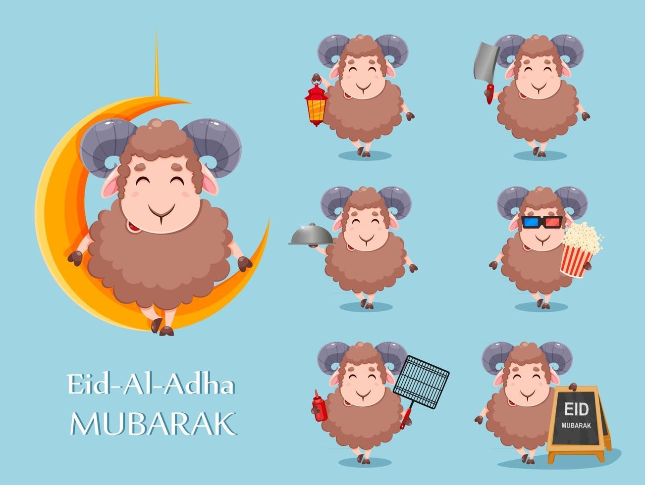 Eid Al Adha Mubarak greeting card. Cartoon sheep vector