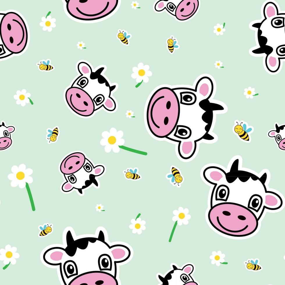 Seamless pattern, cows, bees and chamomile - Vector