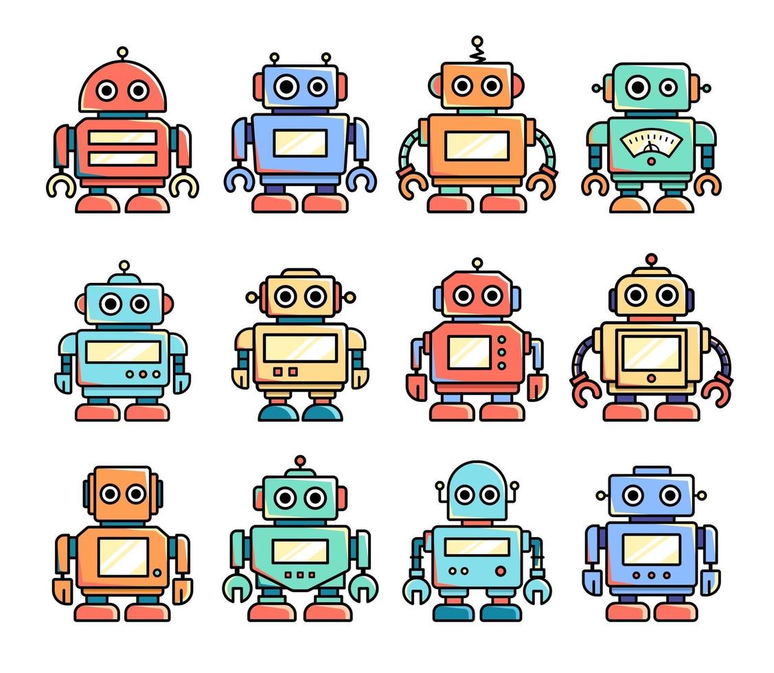 Robots, cute vintage illustrations vector