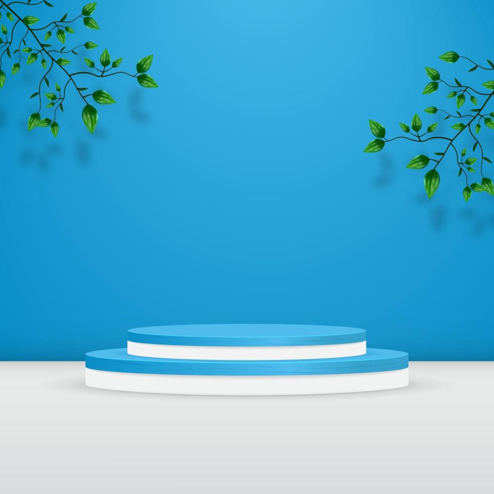 Textured product podium backdrop with leaves on blue wall vector