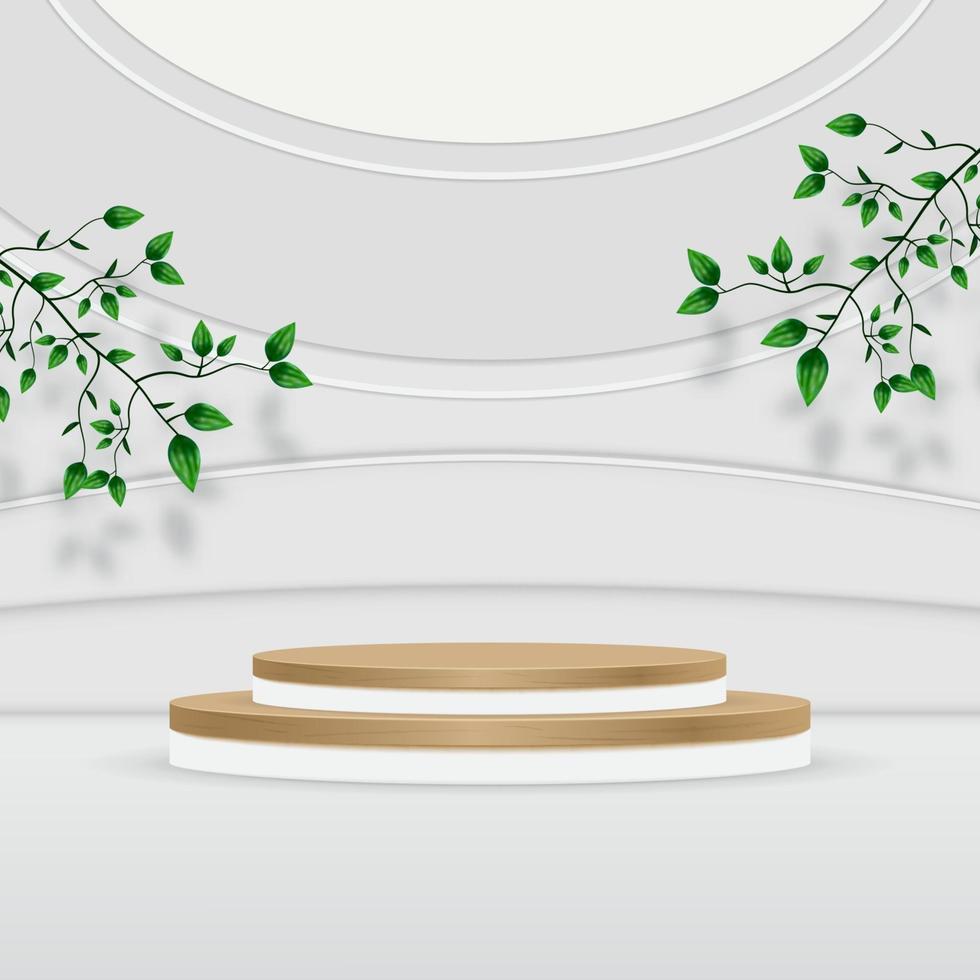 Abstract textured product podium backdrop with leaves on gray wall vector