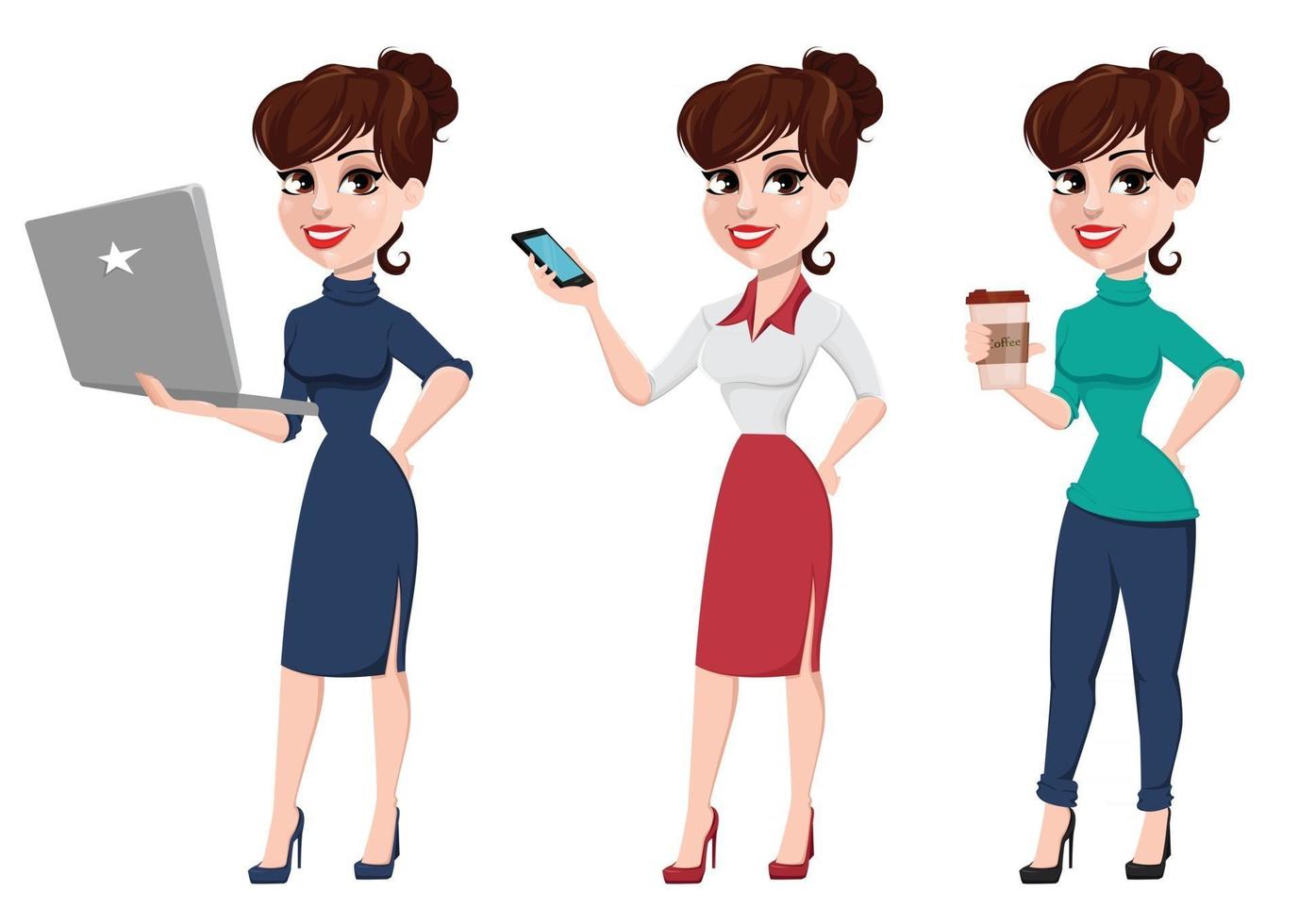 Young cartoon businesswoman set. Beautiful lady with laptop vector