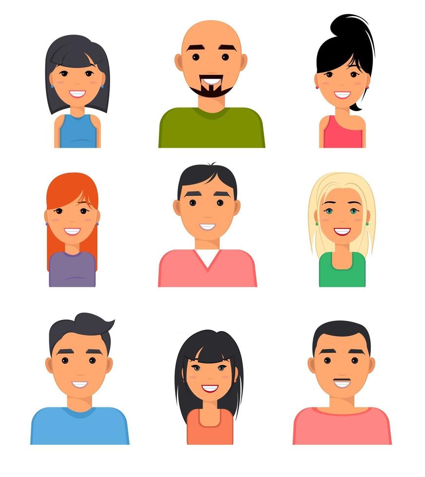 conjunto de iconos de cara de retrato de personas. avatares web en estilo plano vector