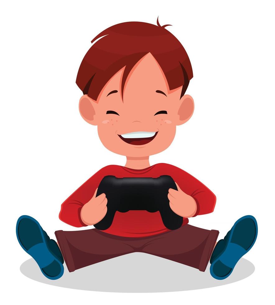 niño alegre jugando videojuegos. niño de dibujos animados lindo vector