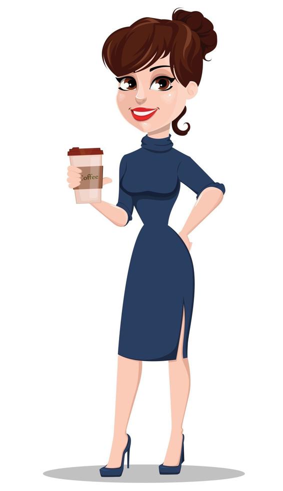 Young cartoon businesswoman. Beautiful lady holding cup of coffee. vector