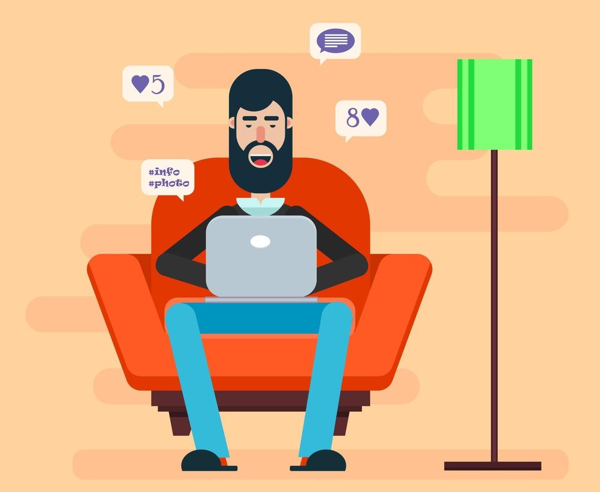 Bearded man sitting in a chair with a laptop vector