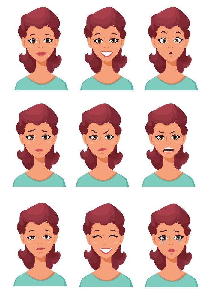 expresiones faciales de una mujer. diferentes emociones femeninas vector