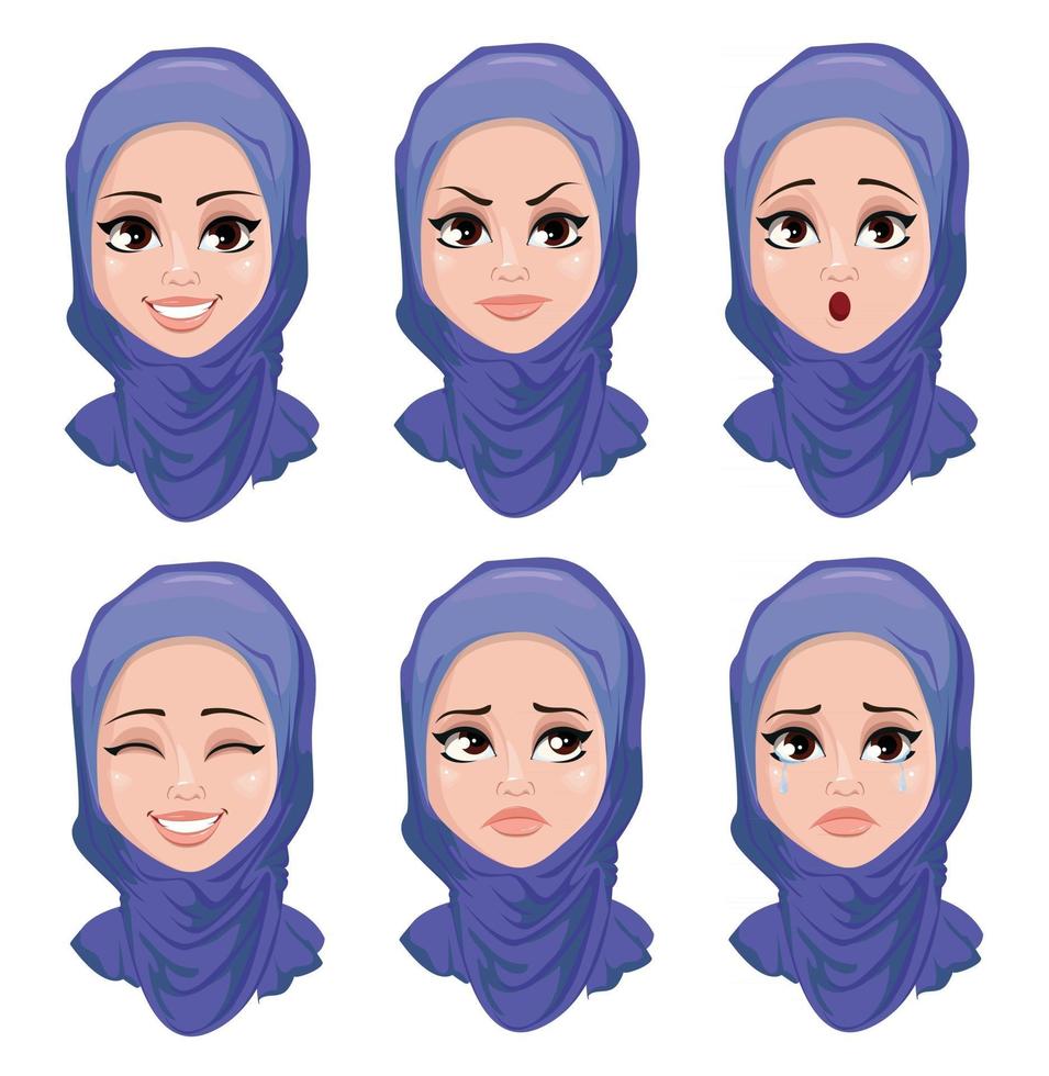 conjunto de expresiones faciales de mujer árabe vector