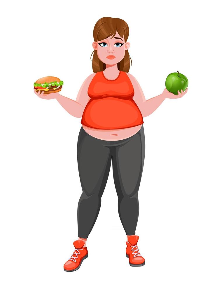 mujer eligiendo entre manzana y hamburguesa vector