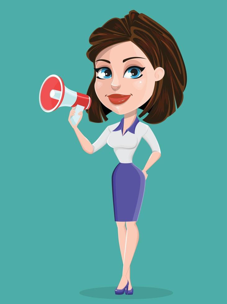 Beautiful businesswoman with loudspeaker. Businesswoman vector