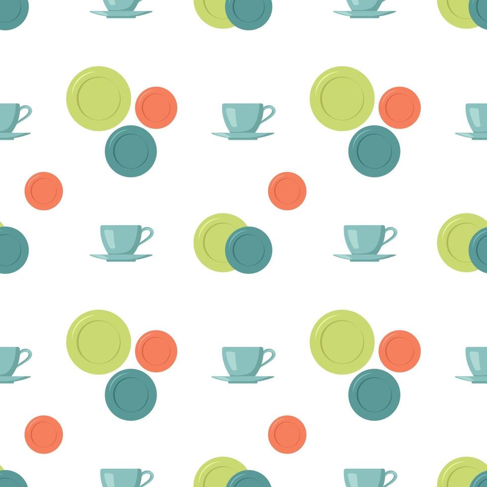 Seamless pattern with cup, saucer and plate. Tableware print vector