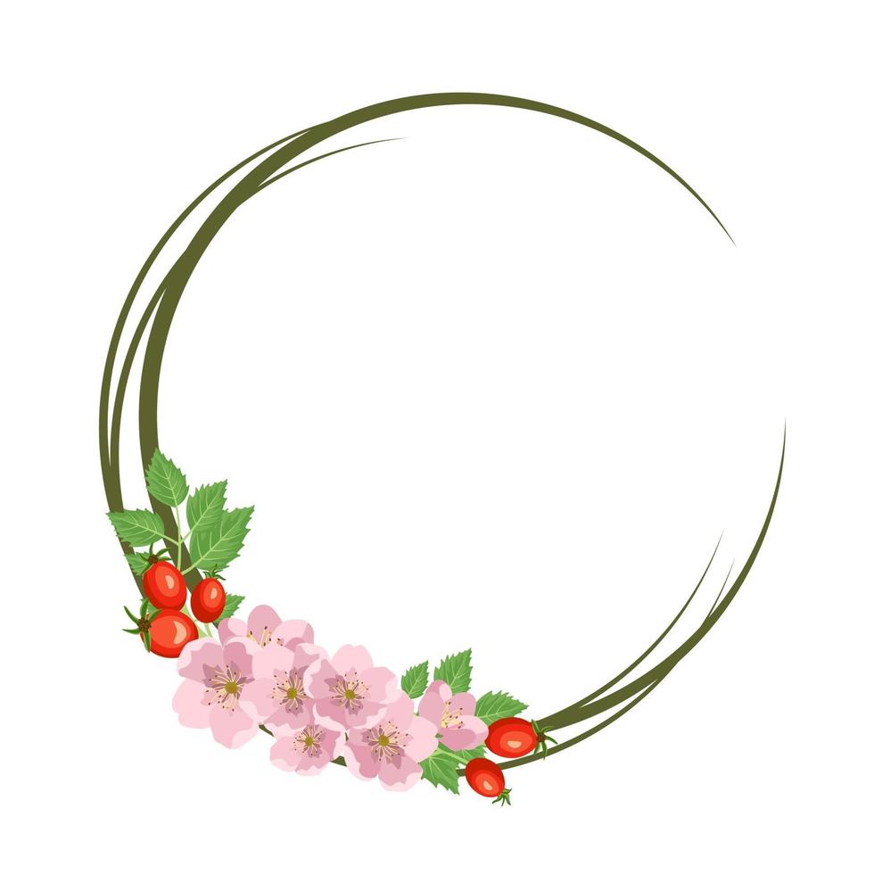 Rosehip wreath. Round frame, pink flowers rose red fruits and leaves vector