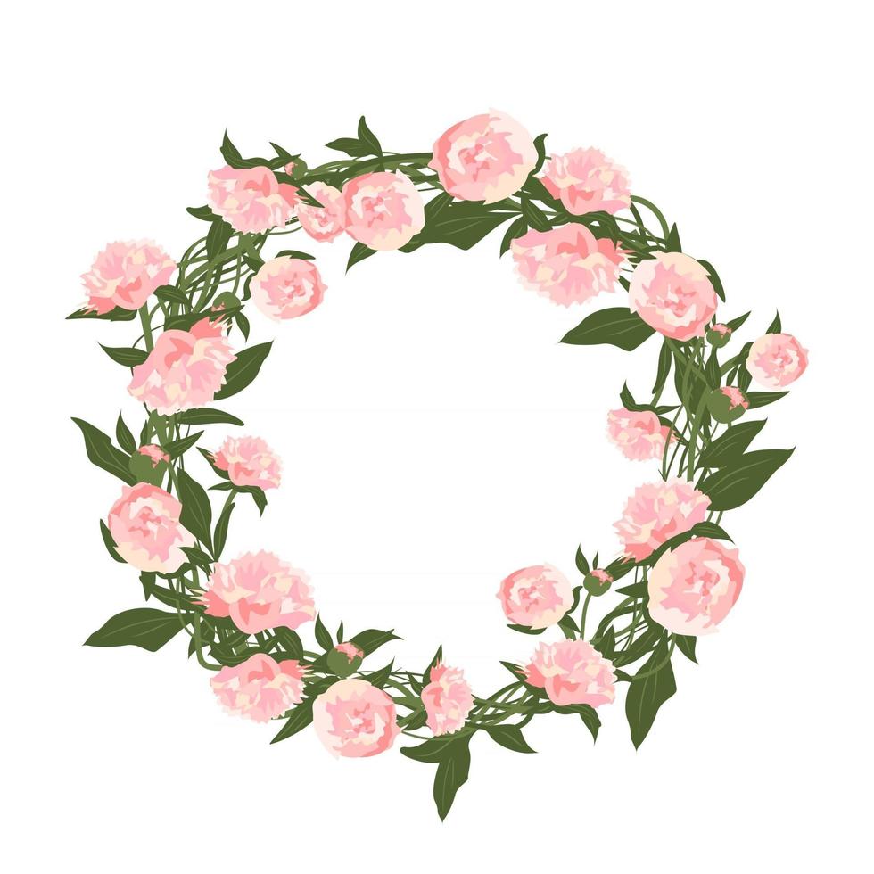 A wreath of peonies. Round frame, pink cute flowers and leaves vector