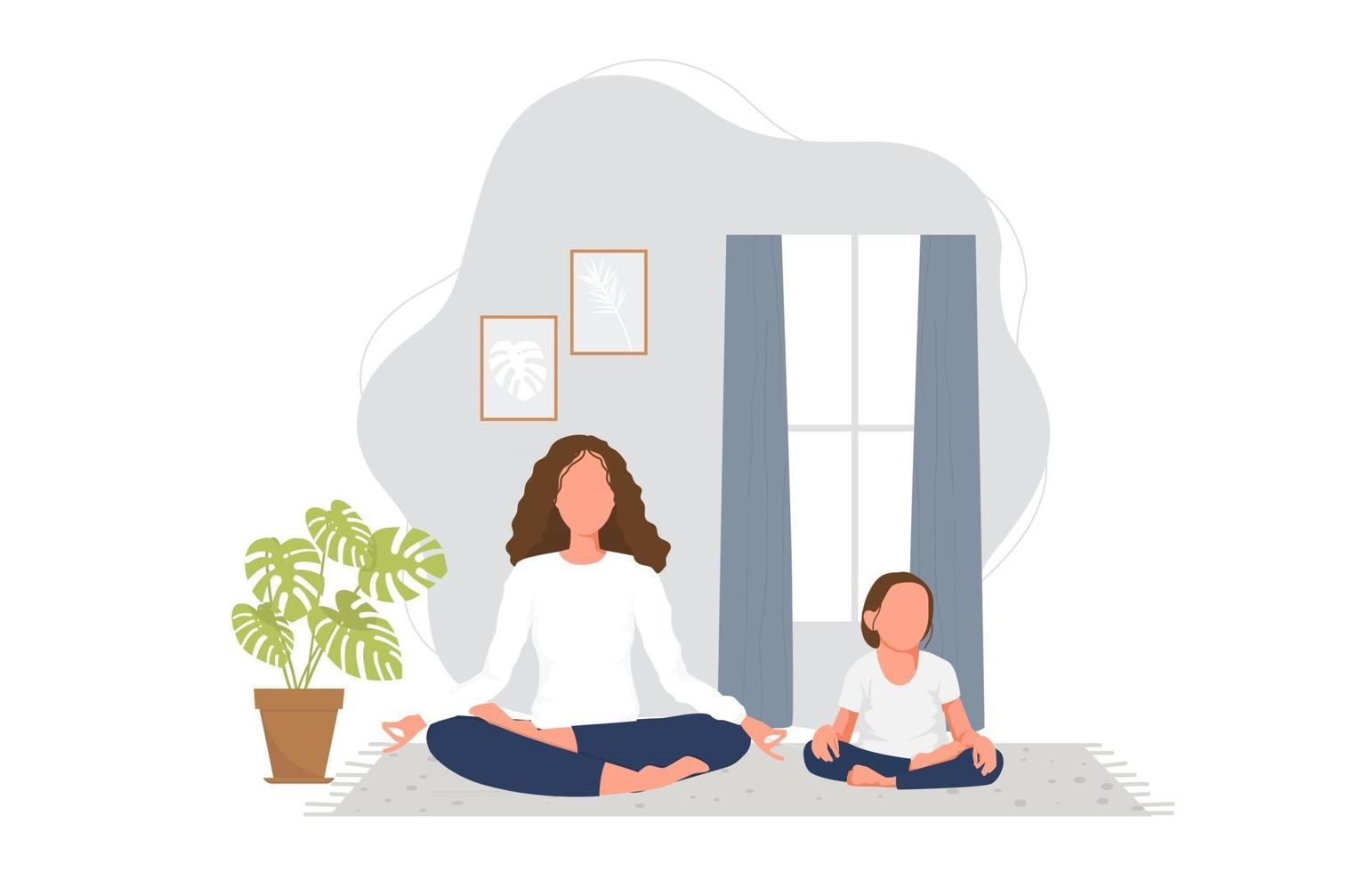 Young woman practicing yoga with daughter at home. Vector illustration