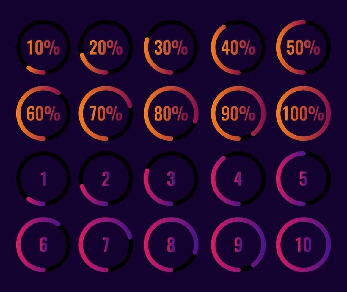 Set of circle percentage and countdown diagram 10-100 percent 1-10. vector