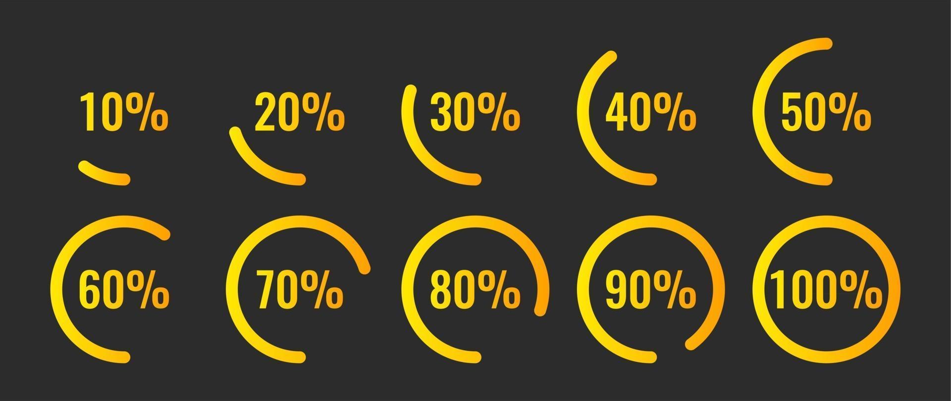 conjunto de diagrama de porcentaje de círculo amarillo 10-100. infografias estadisticas vector