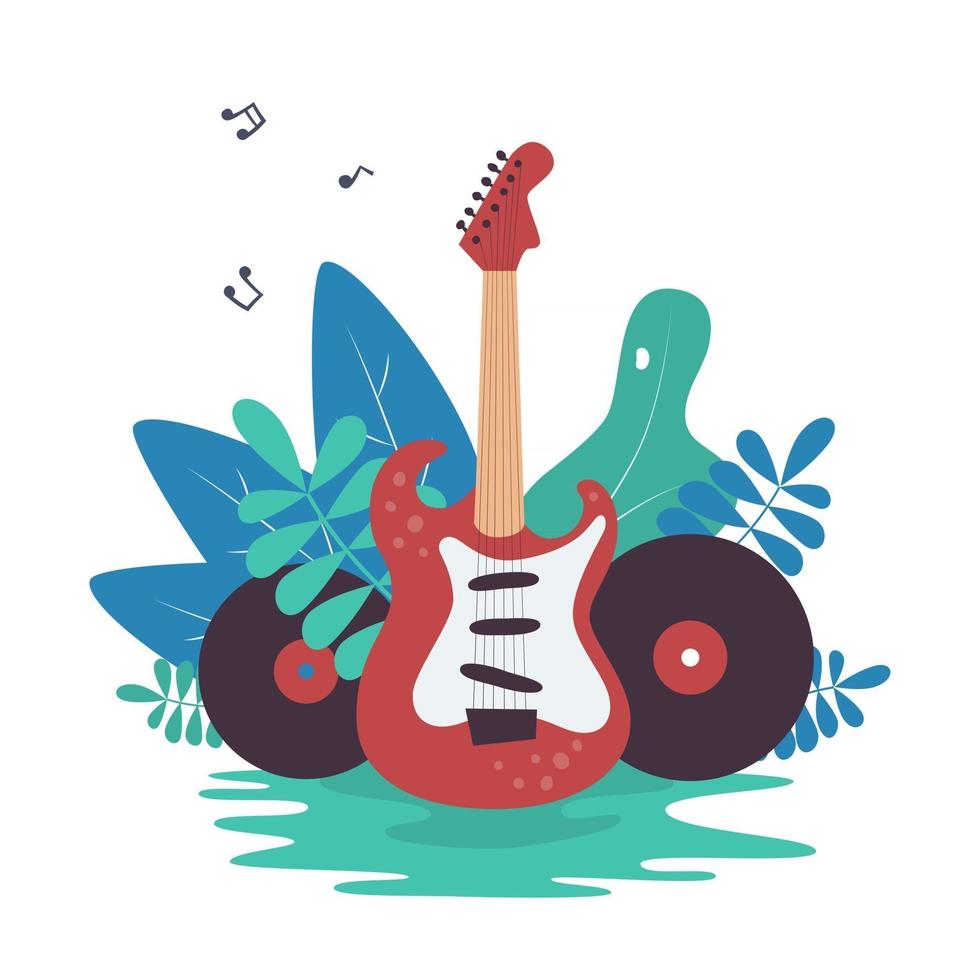 guitarra eléctrica, discos de vinilo y naturaleza. ilustración vectorial vector