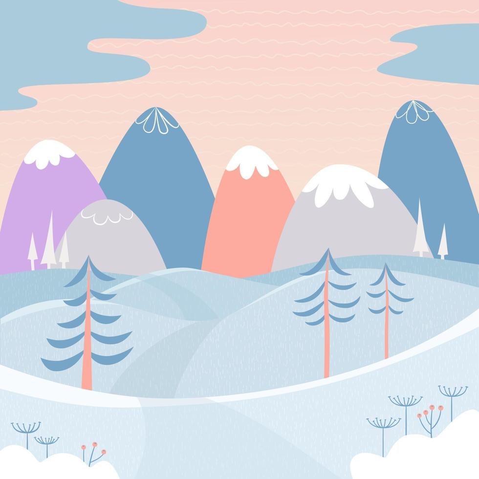 Winter landscape with snow, mountains, hills and fir trees. vector