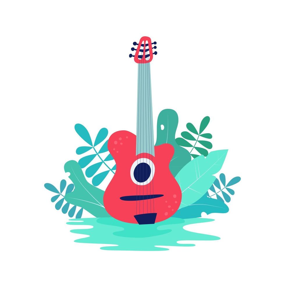 Ilustración con guitarra acústica y naturaleza. vector