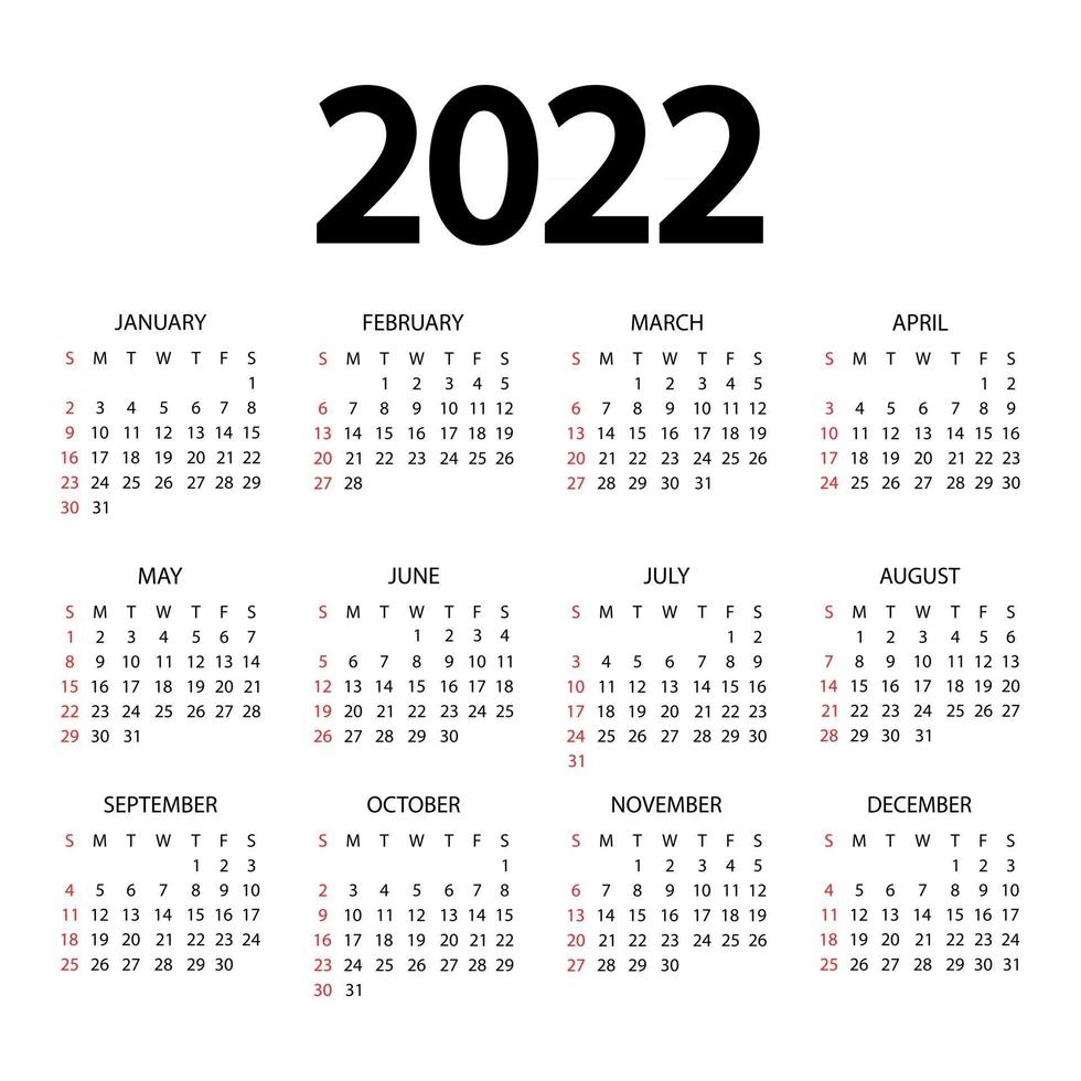 calendario 2022 año. la semana comienza el domingo. plantilla de calendario anual 2022. diseño de calendario en colores blanco y negro. domingo en colores rojos. vector