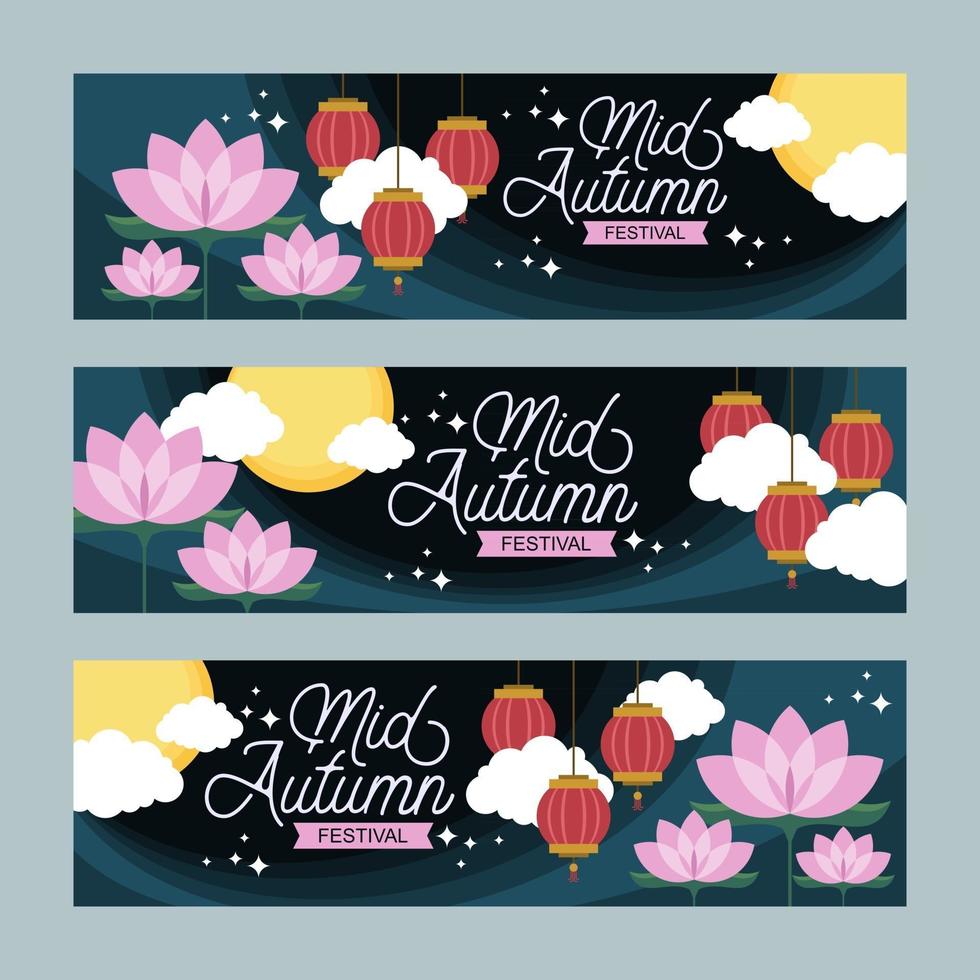 Flat Colorful  Happy Mid Autumn Banner Template Set vector