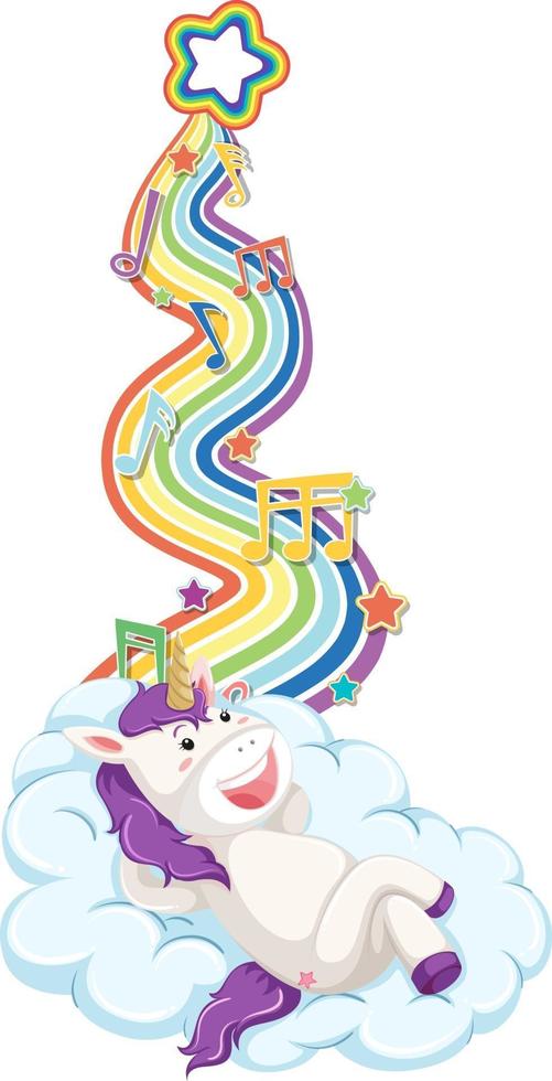 Unicornio tendido en la nube con arco iris sobre fondo blanco. vector