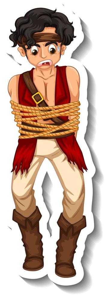 A sticker template with a pirate man rope tied around body isolated vector