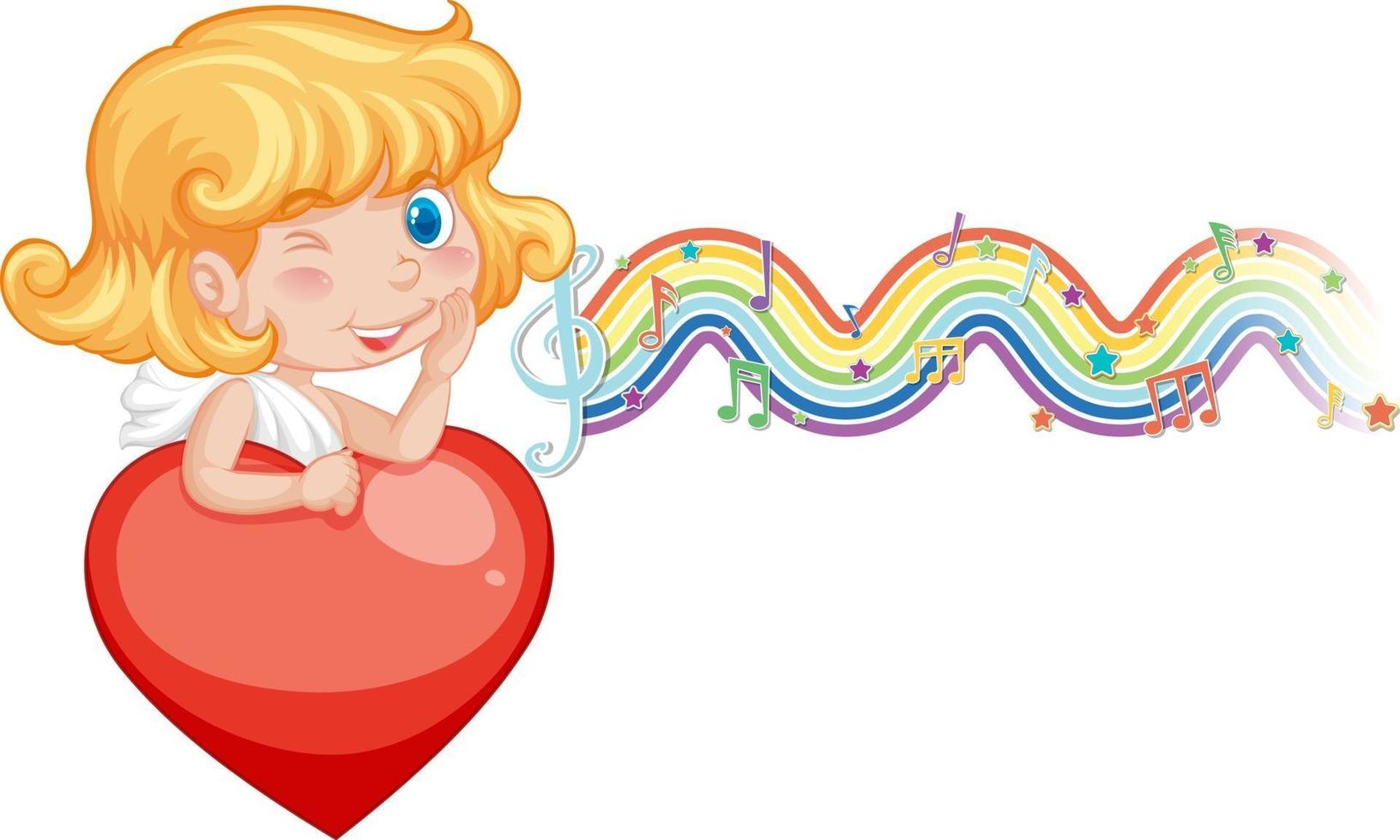 Cupid girl holding heart with melody symbols on rainbow wave vector