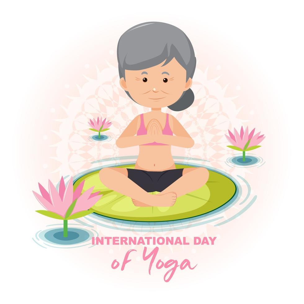 banner del día internacional del yoga con anciana haciendo ejercicio de yoga vector