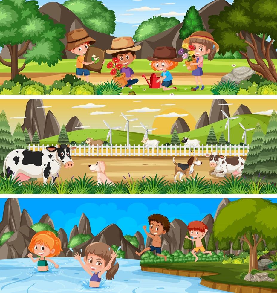 Outdoor panorama landscape scene set with cartoon character vector