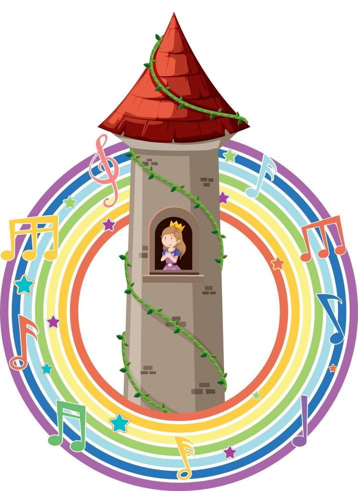 princesa en la torre con el símbolo de la melodía en el arco iris vector