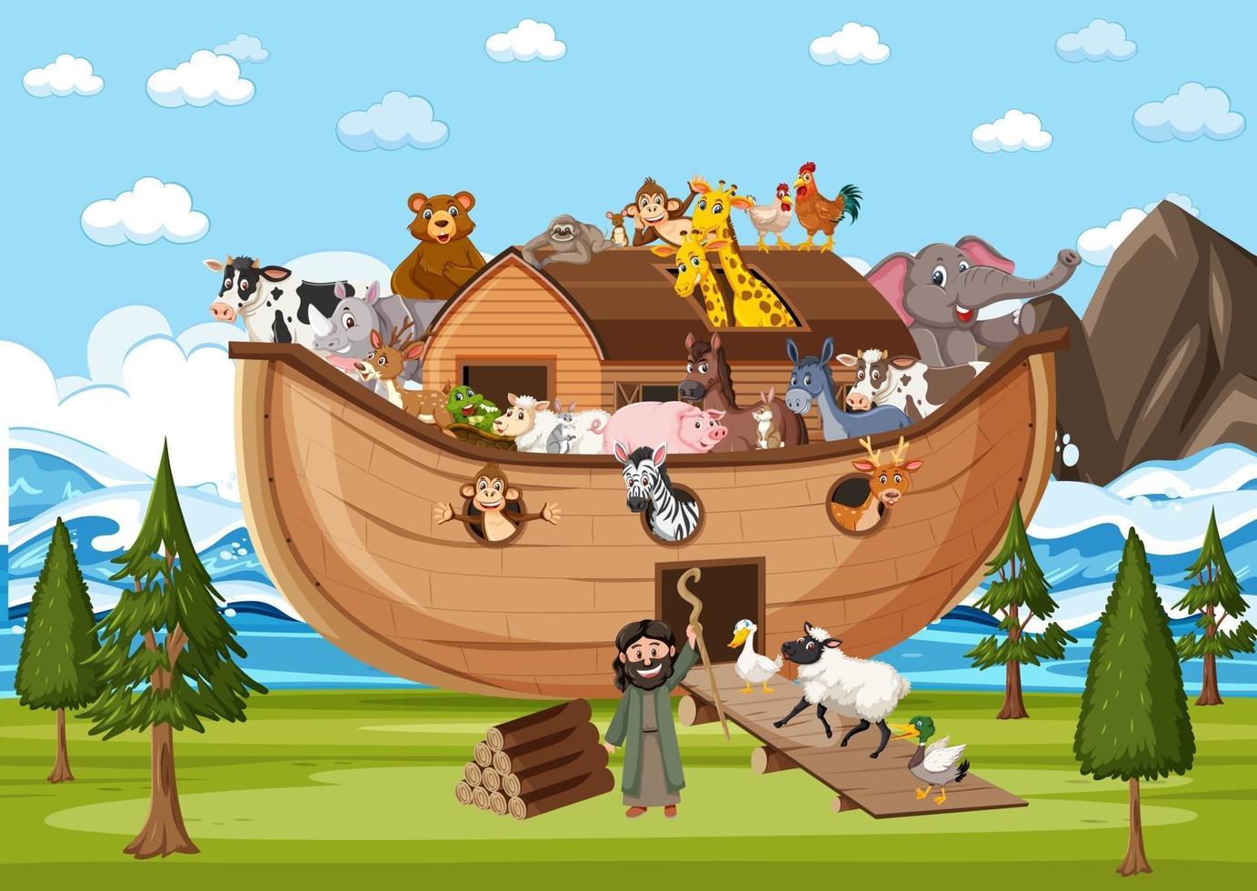 Animals on Noah's ark in the ocean scene vector