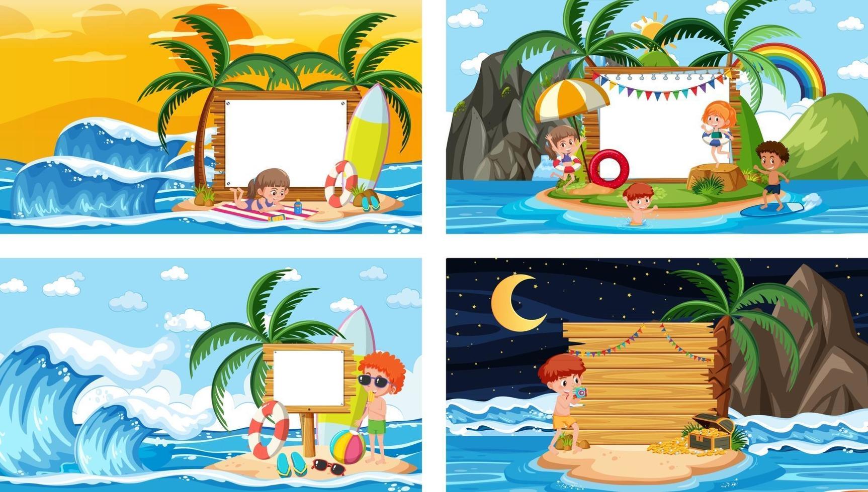 Set of different tropical beach scenes with blank banner vector