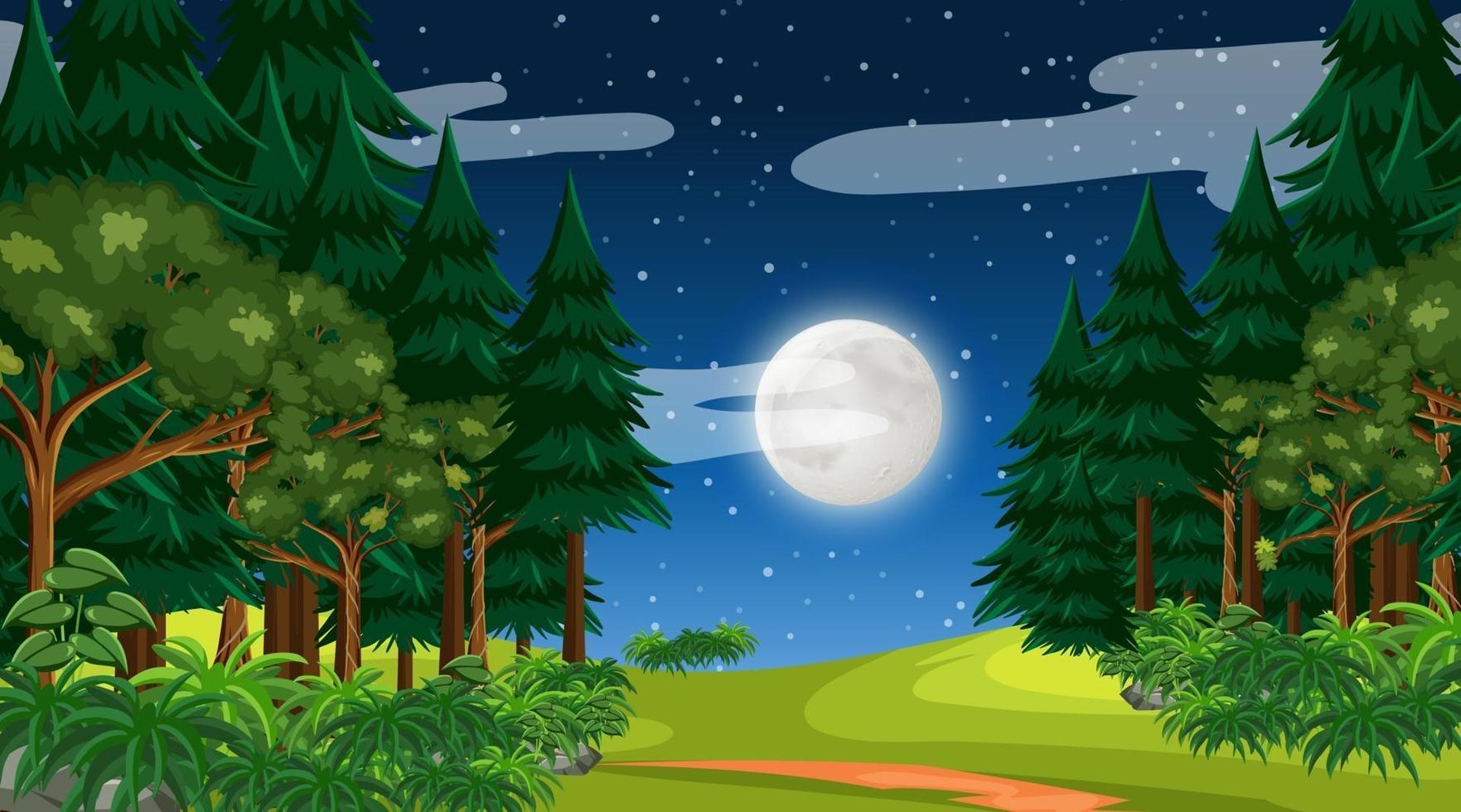 Rainforest or tropical forest at night scene with the moon in the sky vector