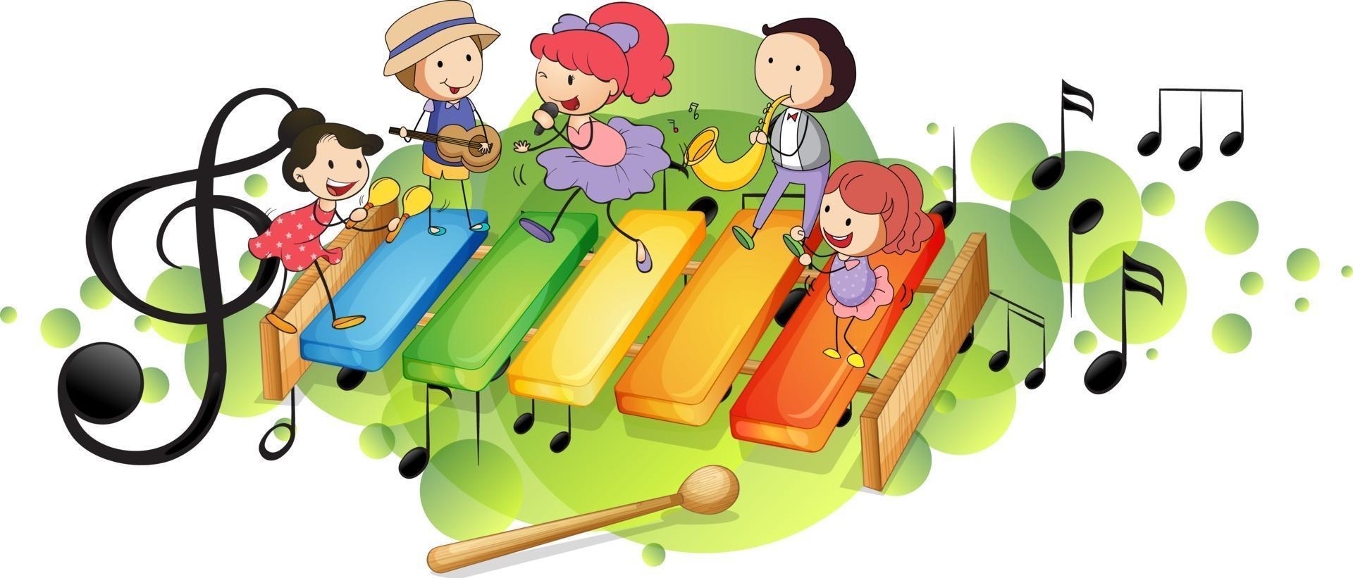 Xylophone with many happy kids and melody symbols on green splotch vector