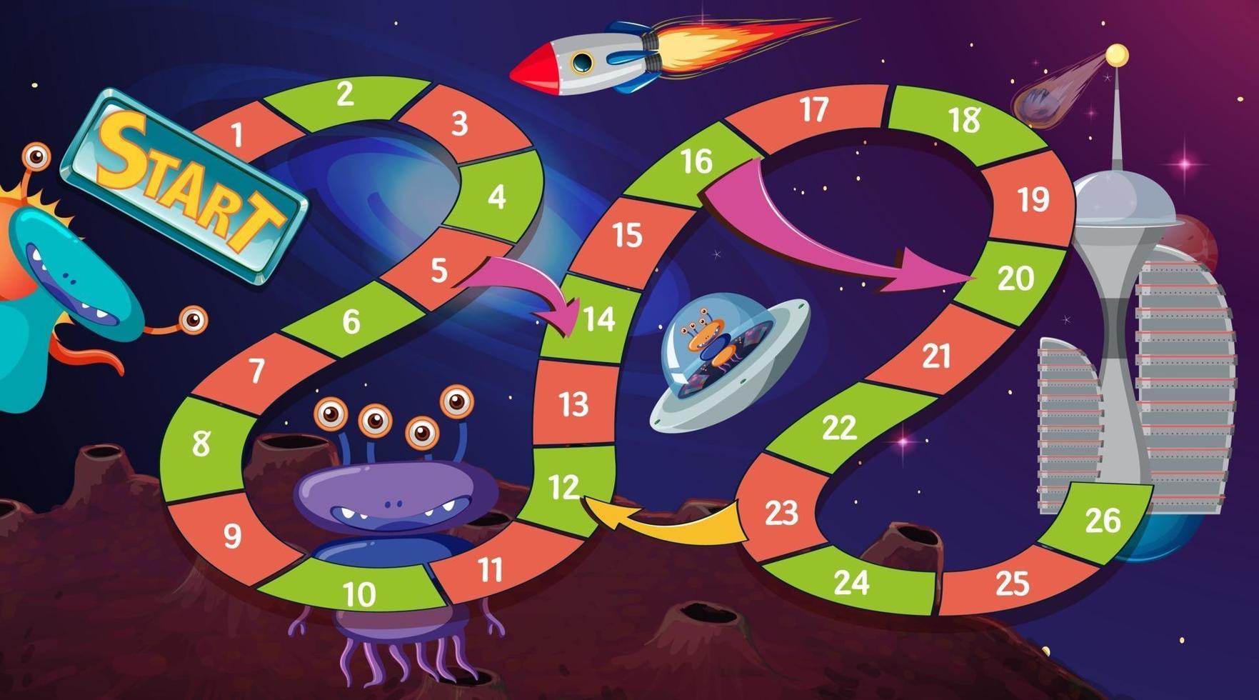 Snake and ladders game template with space theme vector