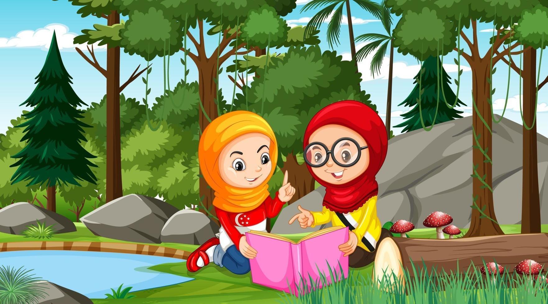Muslim kids wears traditional clothes reading a book in the forest vector