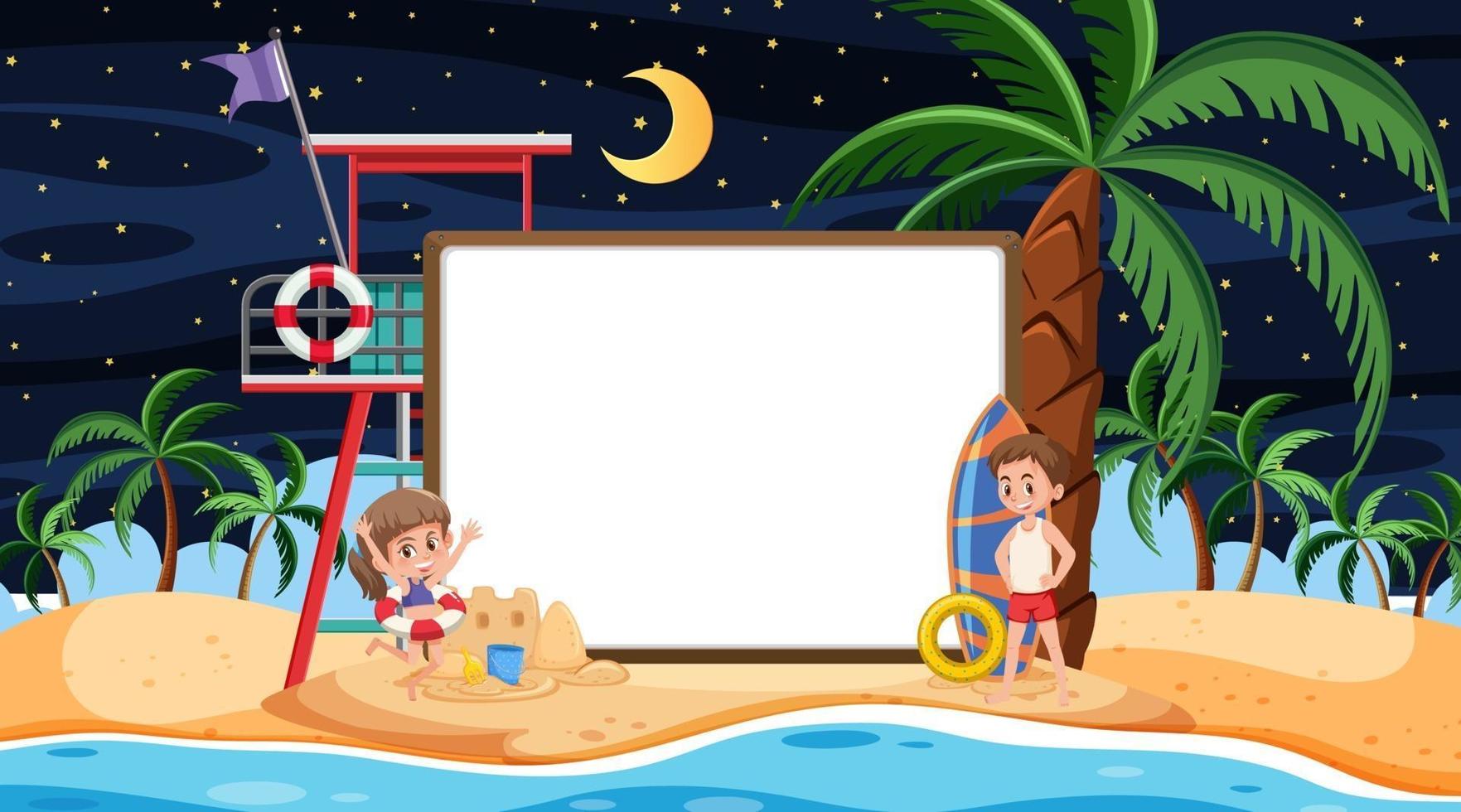 Kids on vacation at the beach night scene with an empty banner vector
