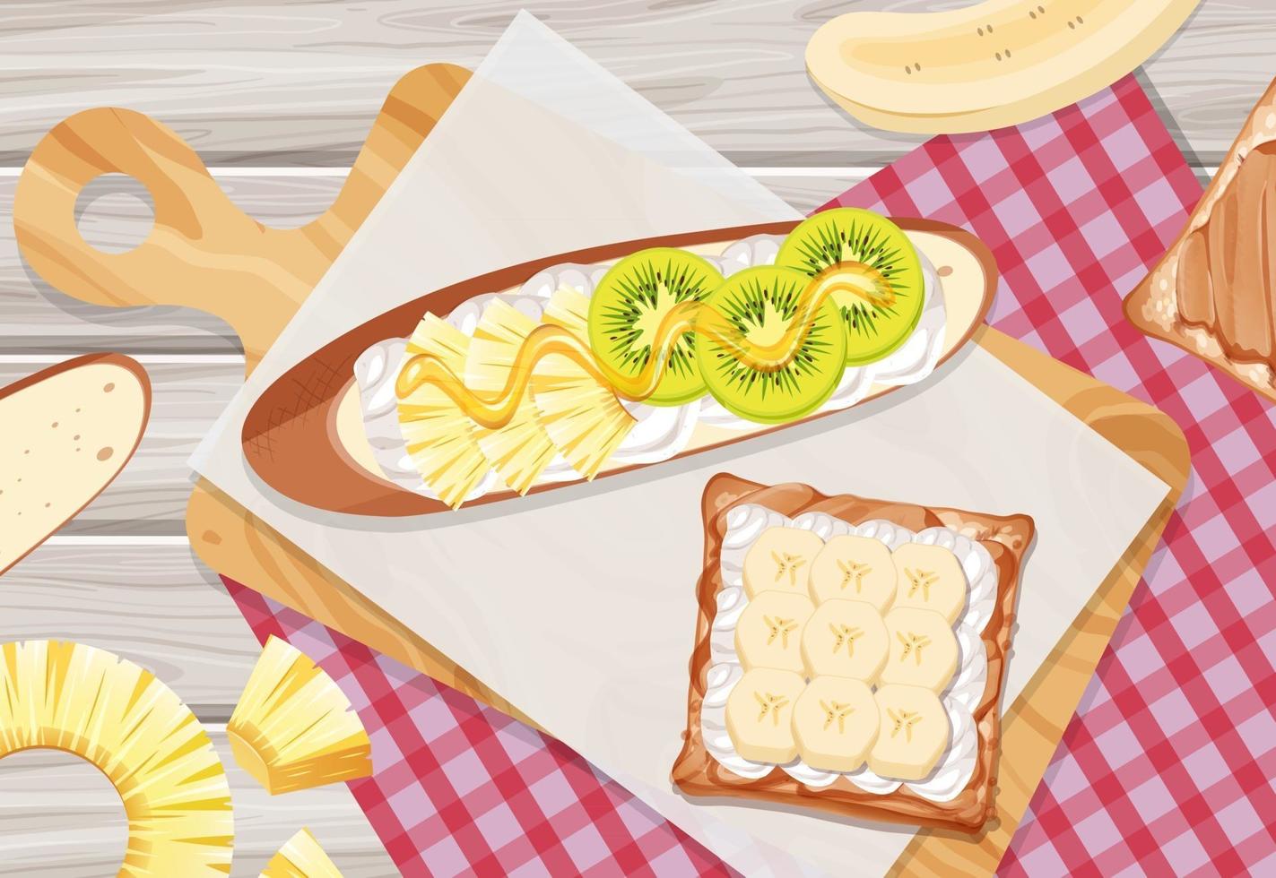 Bruschetta with kiwi and banana topping on the table background vector