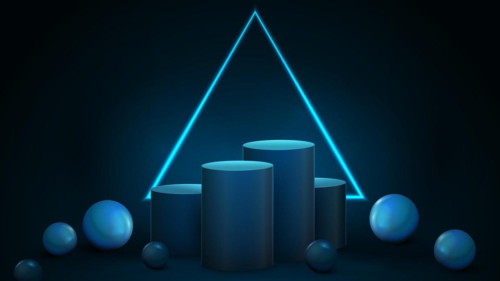 Empty blue winners cylindrical pedestals with neon triangular frame vector