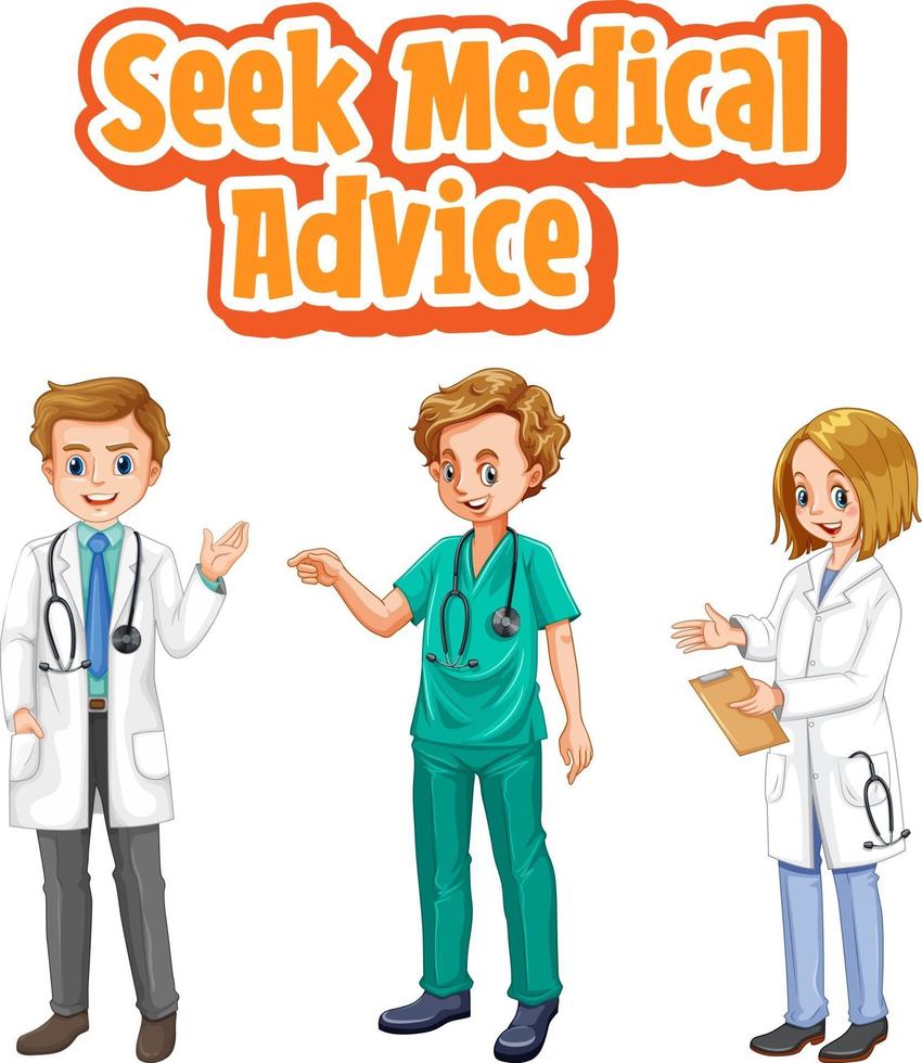 busque la fuente de asesoramiento médico con muchos doctores personaje de dibujos animados vector