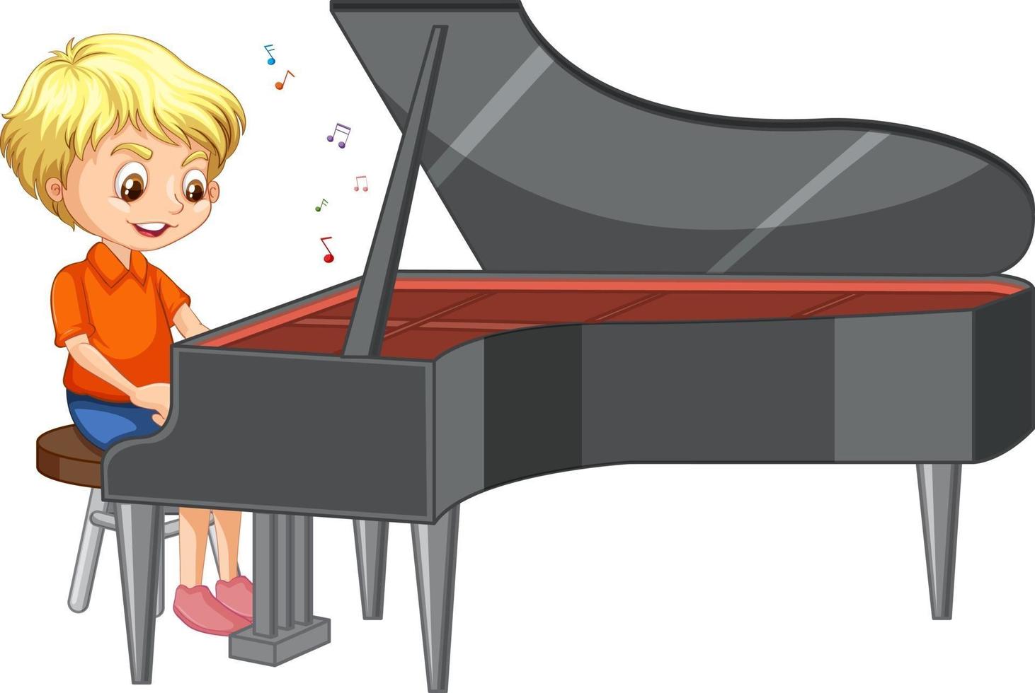 Personaje de un niño tocando el piano sobre fondo blanco. vector