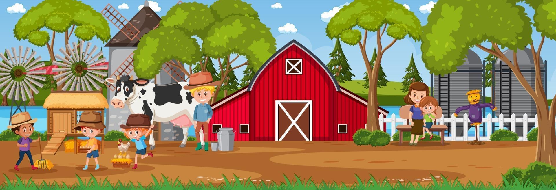 Escena de paisaje horizontal de granja con personaje de dibujos animados de niños agricultores vector