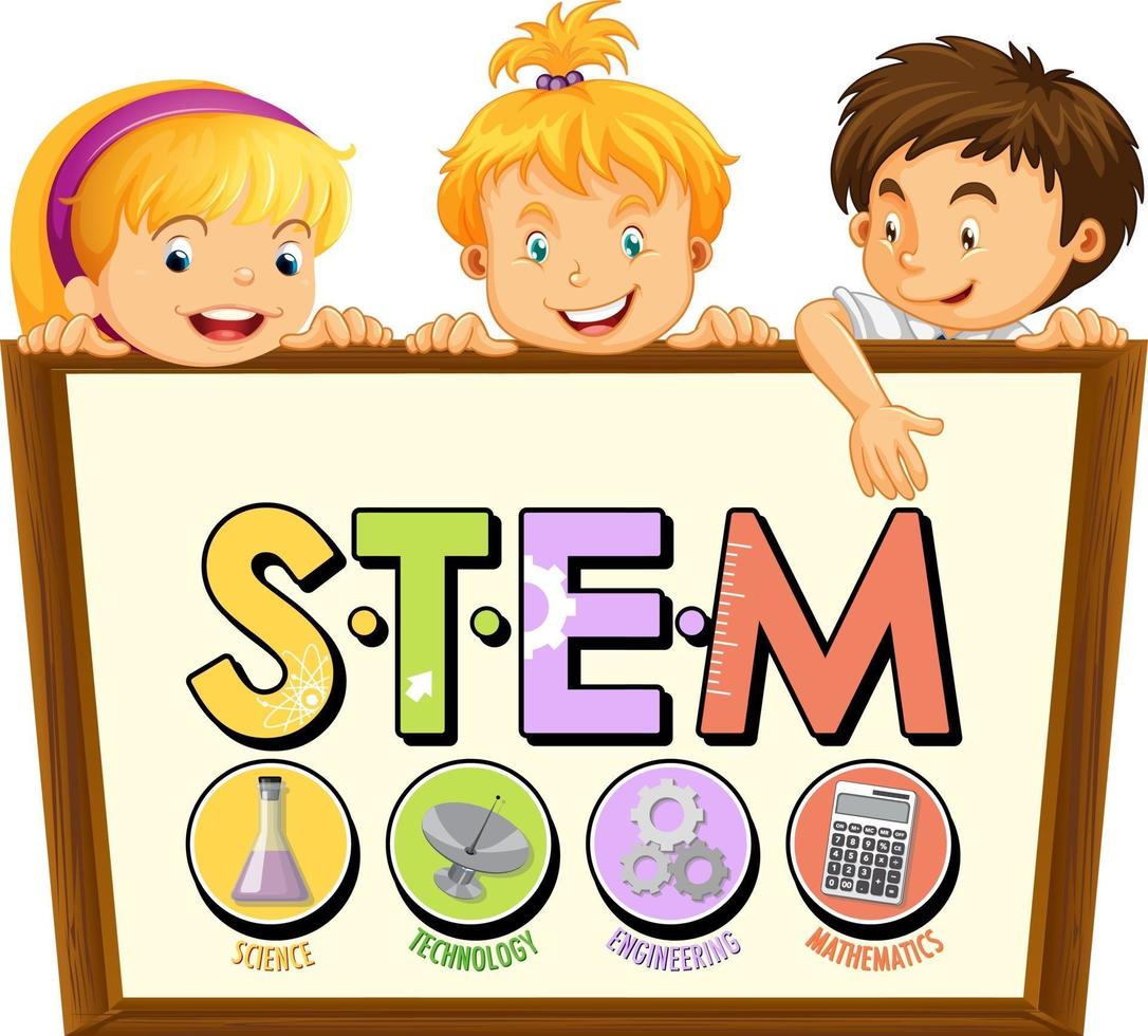 STEM education logo with little kids cartoon character vector