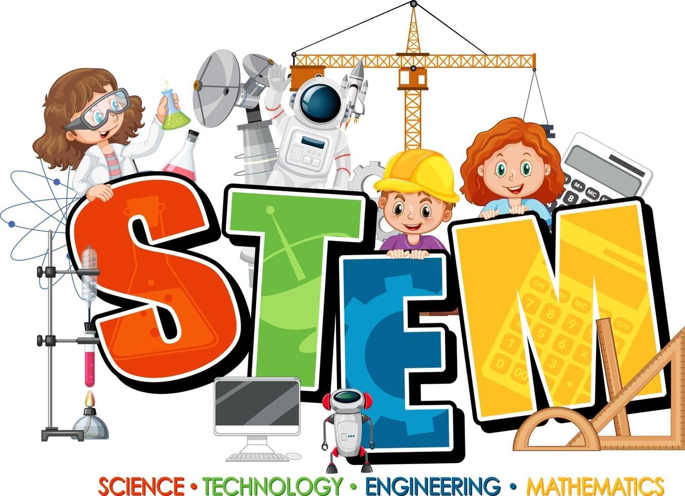 logotipo de la educación del tallo con el personaje de dibujos animados de los niños vector