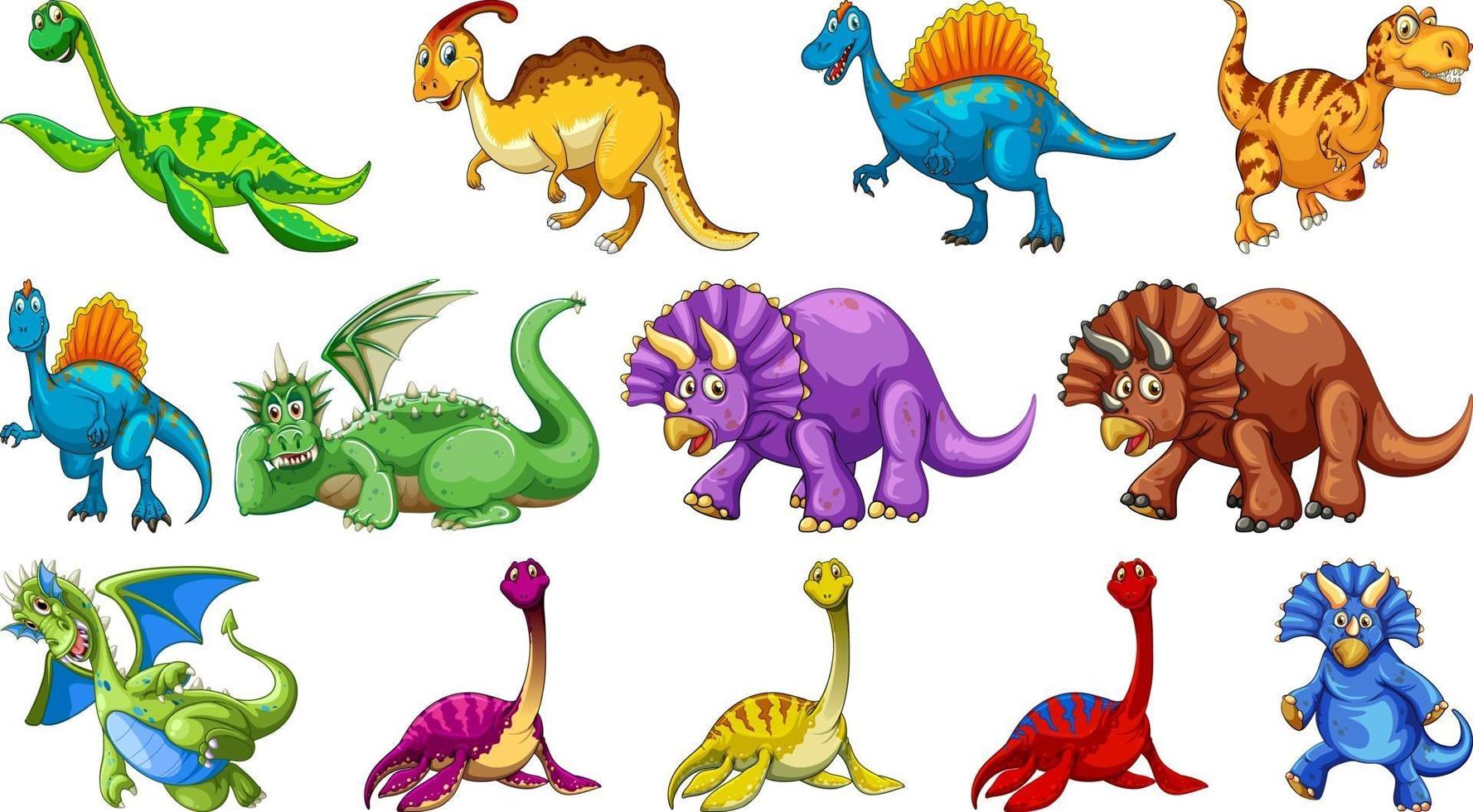 Different dinosaurs cartoon character and fantasy dragons isolated vector