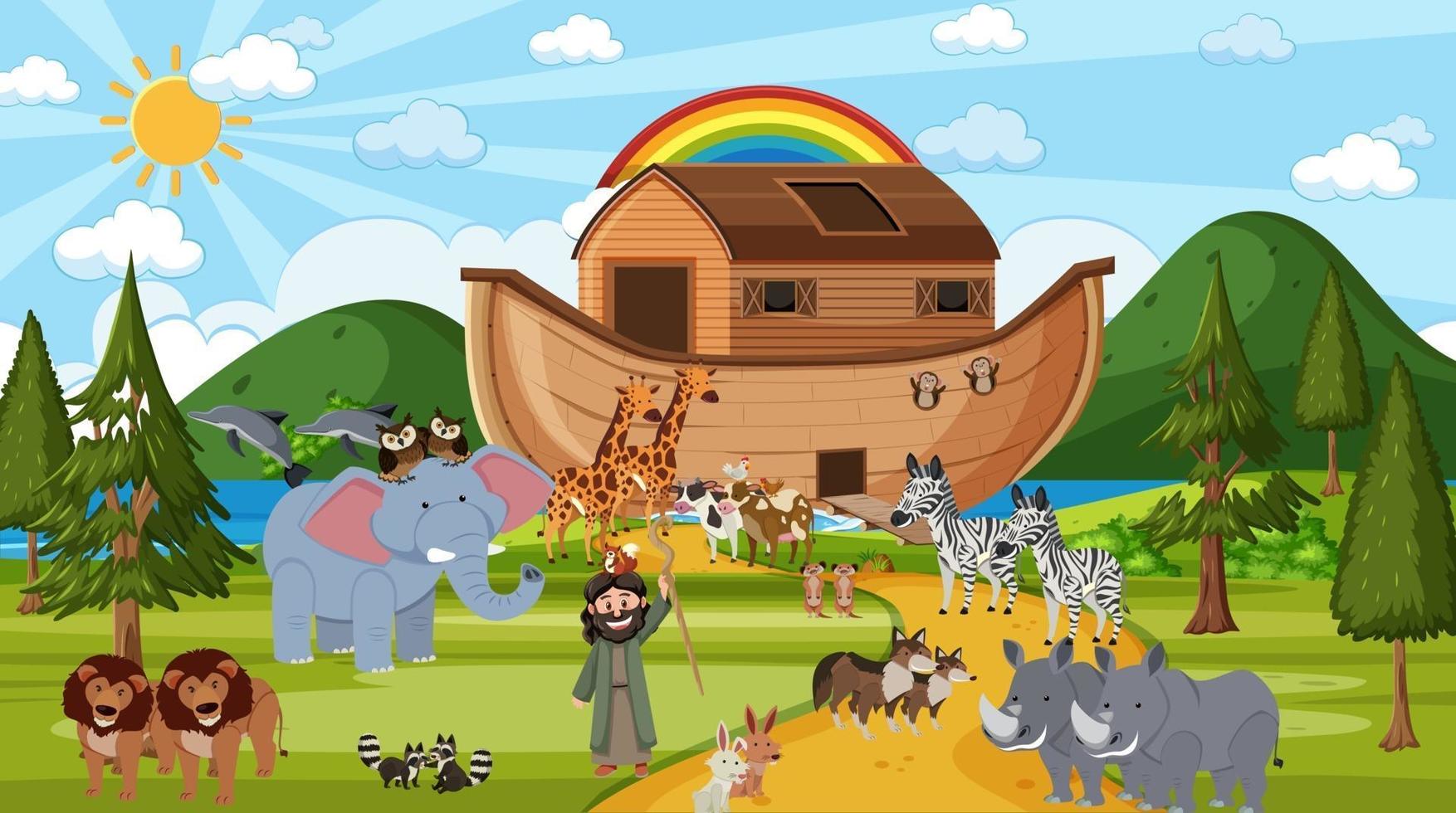 Noah's Ark with wild animals in nature scene vector