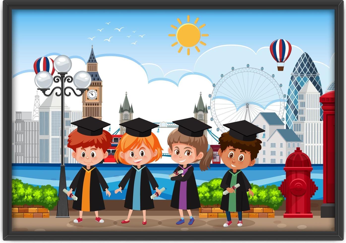 una foto de los niños de la guardería en traje de graduación vector