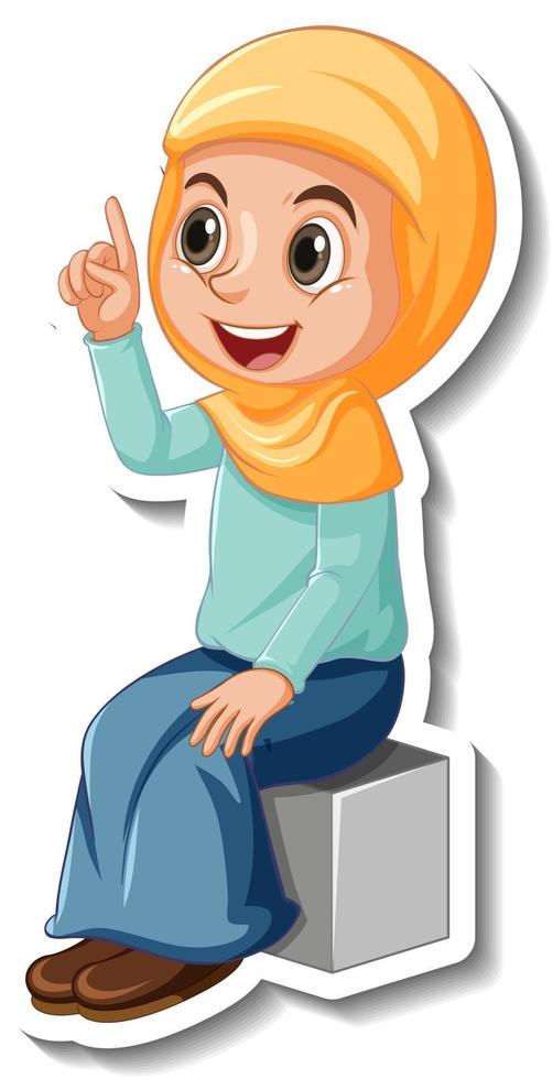 A sticker template with Muslim girl cartoon character vector