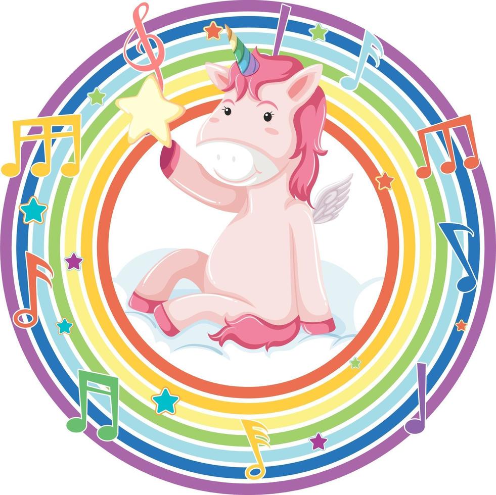 unicornio en arco iris marco redondo con símbolo de melodía vector